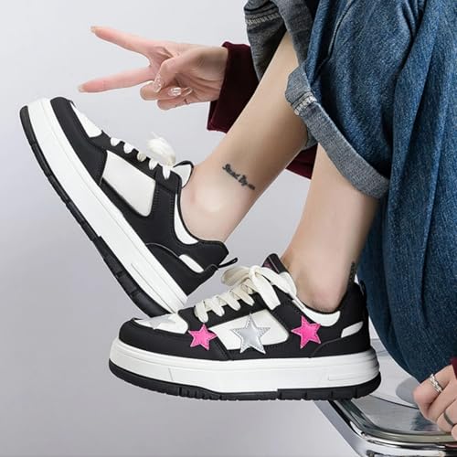Cute Star Sneakers for Women Star Decor Lace-Up Thick Sole Shoes Height Increase PU Upper EVA Insole Rubber Sole Walking Shoes4