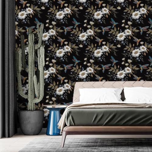 Image of Wallpaper Peel and Stick Vintage Flowers Leaves Birds Pattern Design Botanical Tropical Floral Textured Butterfly Wall Decor Removable Waterproof Adeshive Wallpaper 16.5X87Inch