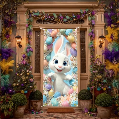 Image of Happy Easter Door Cover Cute Bunny Banner Pastel Eggs Floral Spring Front Door Decorations Home Party Outdoor Decor 35.4x71 Inch