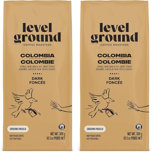 Level Ground Coffee - Colombie Origine unique - Rôti foncé, haricots entiers - Commerce équitable, Kosher - Café spécialisé - Grande dans un Drip Brew, Presse française, Pour Over - Goûts gras, riches, intenses - 300g / 10.5oz