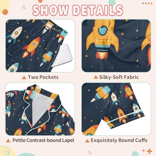senya Colorful Rocket Cartoon Satin Summer Pajama Sets Silk Short Sleeve Button Down Sleepwear3