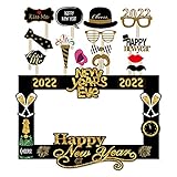 SWYOUN 14PCS Glitter 2022 Happy New Year's Eve Party Photo Booth Props Supplies with Photo Frame
