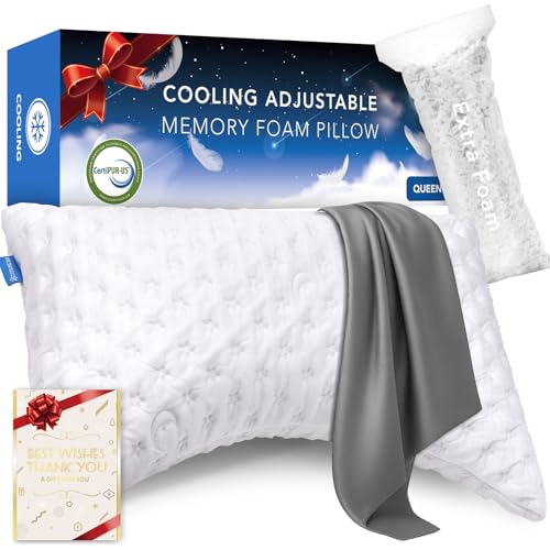 Cooling Side Sleeper Pillow for Neck and Shoulder Pain, Luxury Shredded Memory Foam Curved Bed Pillows for Sleeping Set of 1- Adjustable Queen Size- Washable Cover Crescent White&Extra Grey Pillowcase