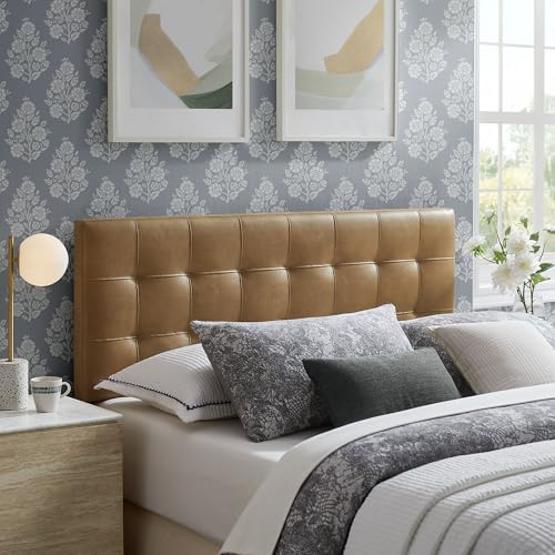 Image of Modway Lily Faux Leather Queen Size Headboard with Biscuit Tufting in Toast - Vegan Leather Upholstery with Padded Design and 5 Height-Adjustable Mounts