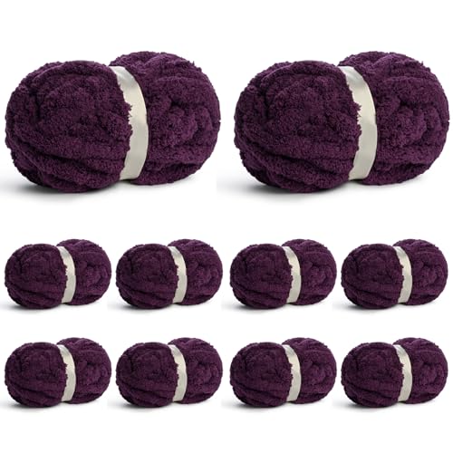 10 Pack of Jumbo Chunky Yarn for Hand Knitting 10# Super Bulky-Fluffy Chenille Yarn 220 yds/70.5 oz Soft Thick Yarn for Crocheting Chunky Knit Throw Blankets.(Deep Purple)