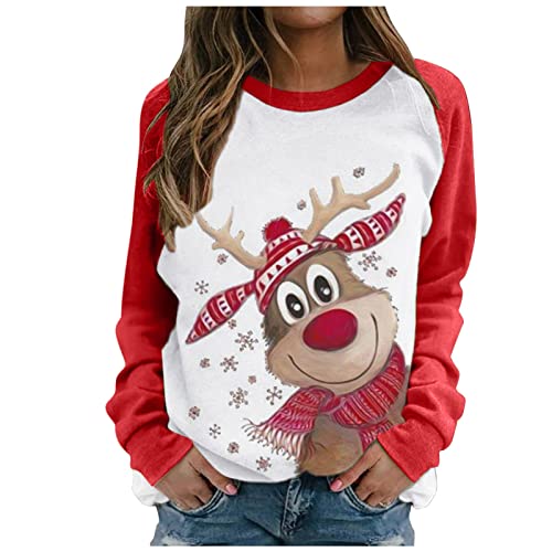 errcom Sudadera Navidad Mujer Manga Larga Navideño Feo Sudaderas Navideñas Mujer Túnica Pullover Ugly Sudadera Navideños Chica Sudadera Navideña Talla Grande Sueter (Rojo-5, L)