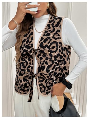 Verdusa Women's Sleeveless Tie Front V Neck Leopard Print Vest Waistcoat Outerwear4