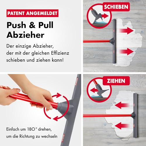 Tyroler Schiebe & Zieh Wasserschieber Bodenabzieher | 44cm Silikonkopf Abzieher Boden | Wasserschieber mit Stiel 4-teilig 140cm | Wasserabzieher Boden für alle Oberflächen | Abzieher Dusche Boden
