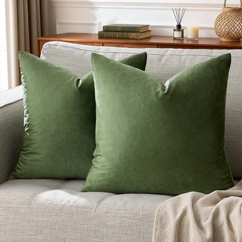 Image of GIGIZAZA Pillow Covers 20x20 Velvet Decorative Pillows Sofa Couch Throw Pillow Covers Olive Green Pack of 2 Cushion Covers
