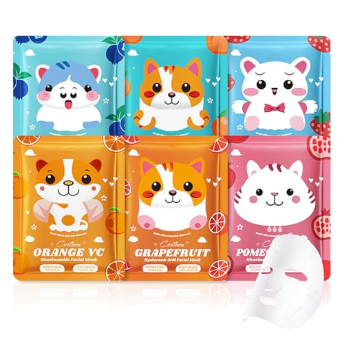 Mascarilla Facial Dibujos Snimados Pack (6 ud), Mascarilla Reafirmante de Cuidado Facial, Cuidado De La Piel Con Mascarillas, Face Mask Hidratante/Iluminadora/Calmante, Apta para Todo Tipo de Pieles