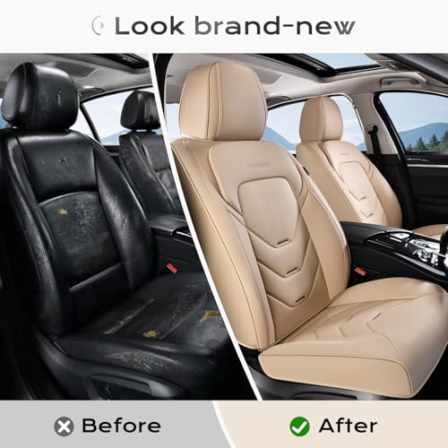 Image of Coverado Car Seat Cover, Front Seat Cover for Car, Waterproof Leather Car Seat Protector, Beige Universal Seat Covers Front Seat, Premium Car Seat Cushion Automotive Seat Covers Fit for Most Vehicles