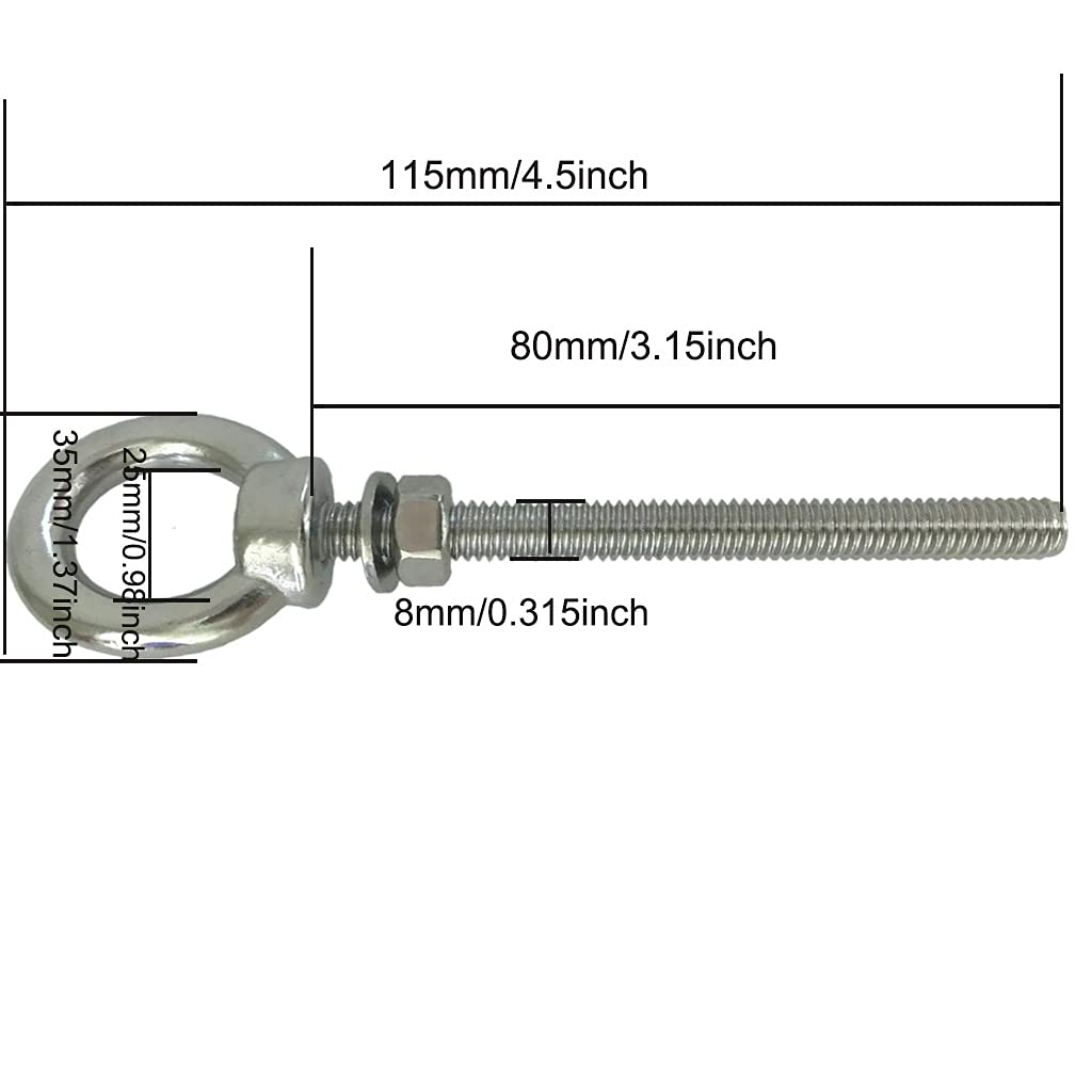 Stainless Steel Eye Bolt, 2pack M8 Shoulder Eye Bolts 5/16" X 3.15"with Nuts and Washer Thread Lifting Ring Eyebolt