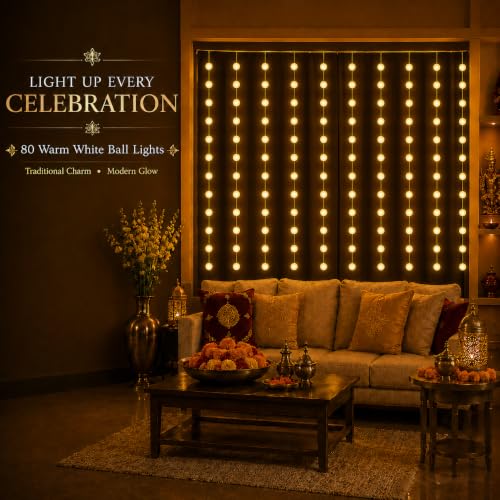 Image of Gesto Ball Curtain Fairy Lights for Decoration - 80 Led String Lights with 8 Modes Changer | Warm White Decorative Lights for Home Decor, Room,Wall, Balcony, Christmas & Diwali Decoration- 10x3 Ft