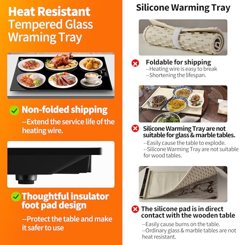 Image of Electric Warming Tray,L 22 inchx14 inch,Tempered Glass Warming Mat for Food,Black | Keep Food Warm,Food Warmers For Parties Buffet Daily Gatherings,Temperature Adjustable,With Thermostat,Full Surface Heating