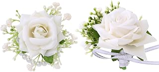 Campsis Wedding Wrist Flower and Corsage Boutonniere Set Rose Hand Flowers Wristband Buttonhole for Bridesmaid Groomsman Best Man Brides (White)