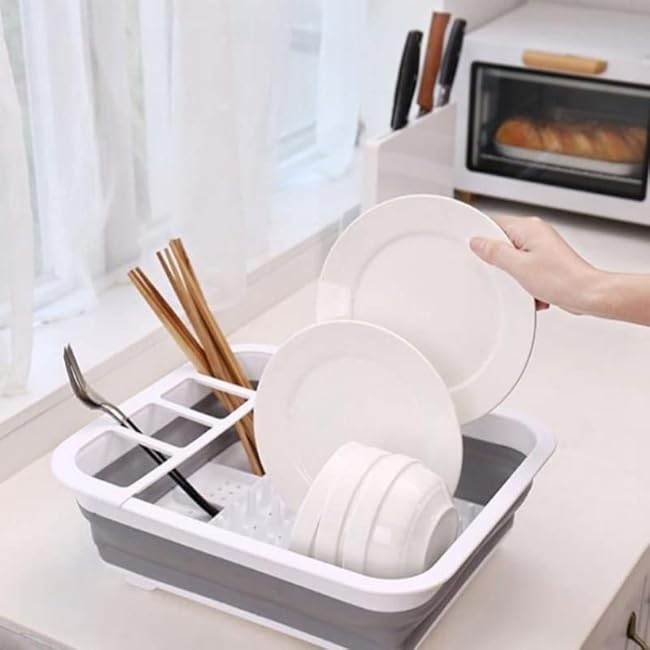 J&V TEXTILES Collapsible Dish Drying Rack - Popup for Easy Storage, Drain Water Directly into The Sink, Room for Eight Large Plates, Sectional Cutlery and Utensil Compartment, Compact (Blue)