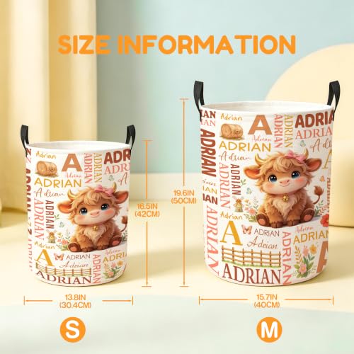 Image of Custom Highland Cow Laundry Hamper, Personalized Laundry Basket with Name, Customized Dirty Clothes Basket for Clothes Toy Bathroom Bedroom Storage,S-16.5 inchX 13.8 inch