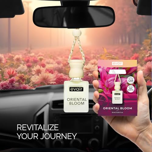 Image of Evair Oriental Bloom Car Air Freshener | Hanging Car Perfume | Premium Car Fresheners | Car Aroma with Essential Oils| Hanging Perfume for Car in Glass Bottle with Wooden Diffuser Lid (10ml, Pack-1)
