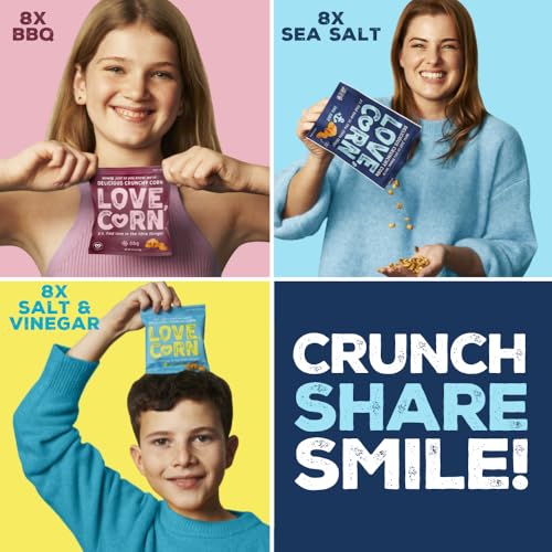 LOVE CORN Variety Pack (8x Sea Salt, 8x BBQ, 8x Salt & Vinegar) – Healthy Snacks Ideal for Gluten Free & Vegan Diets – Low Sugar Alternative for Crisps, Mixed Nuts & Pretzels – Perfect To Graze On - Image 5