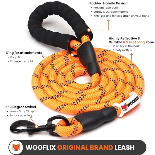 Image of Wooflix Heavy Duty Nylon Dog Leash | Anti Slip Padded Handle Long Dog Leash | Highly Reflective Leash for Dogs | Dog Rope for Medium & Large Dogs | Dog Training Leash | (Orange, 6.5 Feet Long)