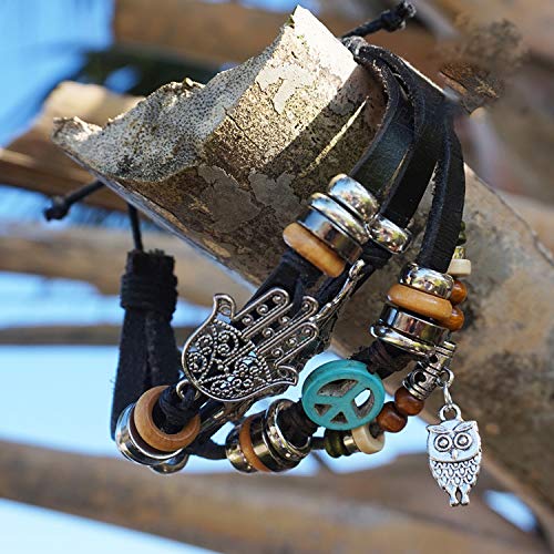 Image of Young & Forever Multi-Layer Leather Bracelet for Men | Adjustable Handmade Wrap Bracelet with Beads, Anchor, Evil Eye, Feather & Boho Charms | Vintage Punk Casual Wristband Gift for Men & Boys