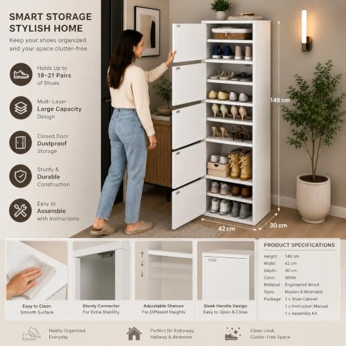 Image of 5-Door Engineered Wood Shoe Rack, 11-Tier Wooden Shoe Rack for Entryway, Shoe Storage Cabinet with Doors Adjustable Shelves, Wooden Shoes Rack Organizer - NEW (White, 7 - Layer)