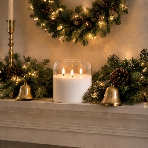 Image of Homemory 6 x 6 Inch Extra Large Flameless Candle, Clear Glass 3-Wick LED Pillar Candle, Pure White Real Wax Candle with Smooth Rounded Rim, Remote Control and Timer for Home Decor