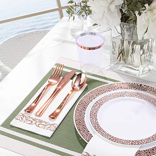 350 Piece Rose Gold Dinnerware Set 50 Guest-100 Rose Gold Lace Plastic Plates-50 Rose Gold Plastic Silverware-50 Plastic Cups-50 Linen Like Paper Napkins,Focusline Disposable Dinnerware Set #TOP3