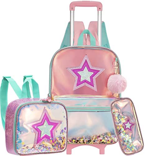 3PCS Rolling Backpack for Girls Backpack with Wheels Girls Backpack with Lunch Box Set Kids Suitcase for Girls Kids Wheeled Bookbag with Roller for Elementary School Sequin School Bag with Wheels