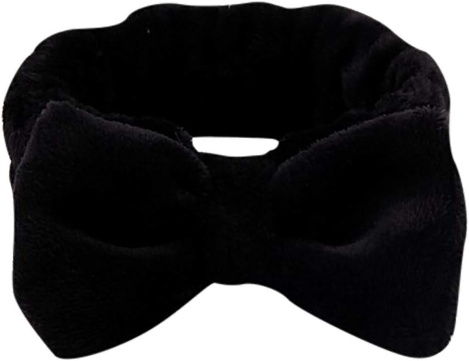Womens Bow Hairband, Makeup Wash Face Shower Headband Coral Fleece Washable Elastic Headwear (Black)