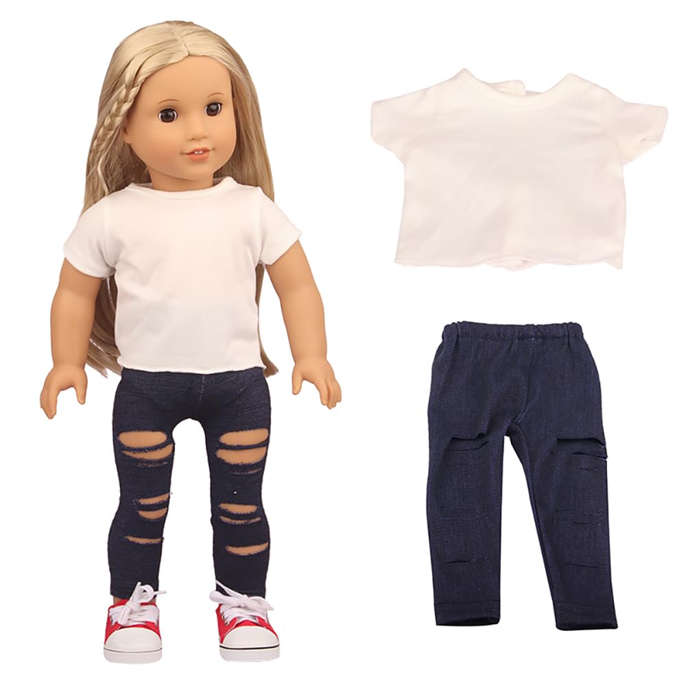 DUORUIMI Summer Doll Clothes Simple Casual T-shirt Top Ripped Jeans Pants for American Girl Doll 18 inch — image 1