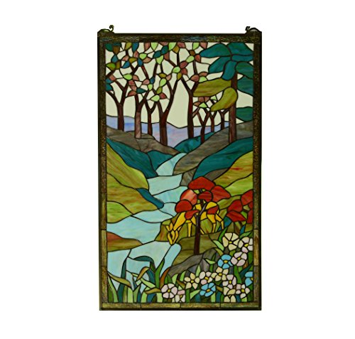 Tiffany Style Stained Glass Window Panel Deer Drinking Water, 20" x 34"
