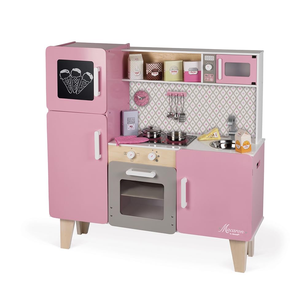 Janod - Maxi Cuisine Enfant en Bois Macaron - Cuisine Enfant Équipée avec Frigo et Four Micro Ondes - Imitation et Eveil - 15 Accessoires Inclus - Dès 3 Ans, J06571, Rose