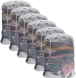 WUWEOT 6 Pack 60 x 90 cm Sturdy Coarse Mesh Laundry Bags, Large Drawstring Laundry Bag Durable Machine Washable Storage Bag for College, Dorm and Apartment Dwellers, White