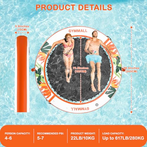 Image of Inflatable Water Hammock Floating Dock 8 FT with Mesh, Tanning Pool Raft Round Ring for Adults, Float Platform for Lake and Beach with Water Ladder and Cup Holder