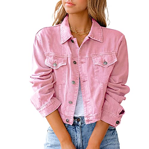 Tomwell Veste en Jean Femme Blouson pour Femme Mi-Saison Manteau Court Veste Casual Boutons Jacket Poches Utility Jacket Automne Hiver Veste Manteau Outwear A Rose XL