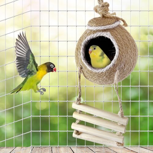 Image of Tfwadmx Coconut Hide with Ladder, Natural Coconut Fiber Hanging Birdhouse Cage, Handmade Sisal Rope & Coconut Bird Shell Breeding Nest for Parrot Parakeet Lovebird Finch Canary (2 Pcs Brown)