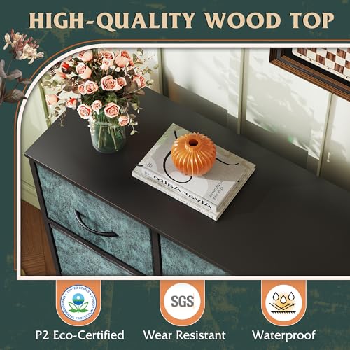 Image of WLIVE Dresser for Bedroom with 8 Drawers, Wide Fabric Dresser for Storage and Organization, Bedroom Dressers, Chest of Drawers for Living Room, Closet, Hallway, Vintage Green
