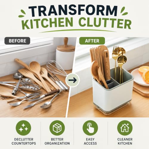 Image of Kitchen Utensil Holder with Drain Tray | Self Draining Countertop Organizer, 3 Compartment Cutlery Caddy | Detachable Water Collection Base for Spoons Forks Knives Cooking Tools (Grey)