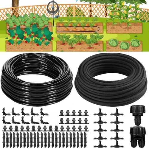 Innconee Drip Irrigation System Kit Garden Watering System 200ft 1/4 Inch Soaker Hose 100ft 1/4 Inch...