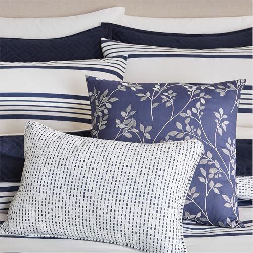 Image of Anne Klein Archer Stripe 4-Piece Cotton Blend Comforter Set - Reversible Bedding with Matching Sham & 2 Decorative Pillows, Oeko-Tex Certified - Navy, Twin