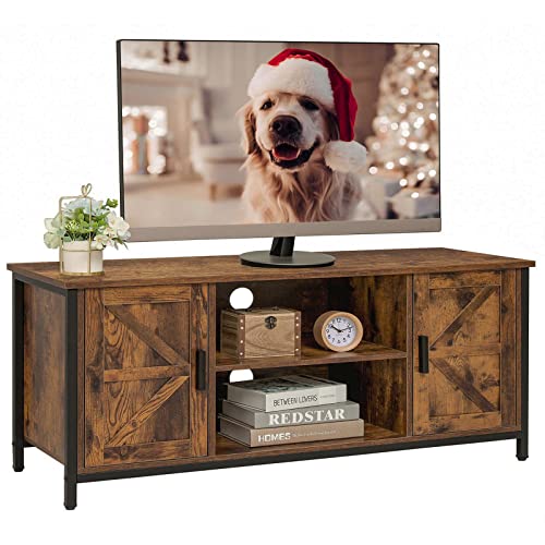 WEENFON Farmhouse TV Stand for 55 Inch TV, TV Console with Storage Barn Doors,Entertainment Center for Living Room, Bedroom, TV Stand with Stable Metal Frame,Rustic Brown