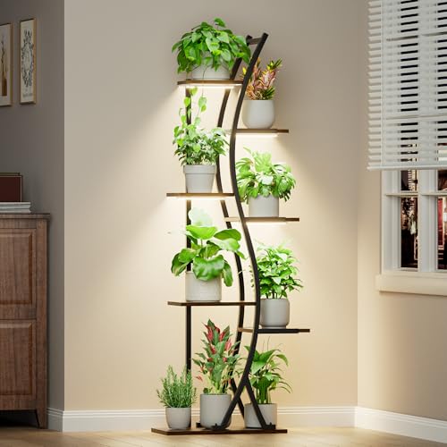 MJOMKN 62“ Plant Stand Indoor with Grow Lights - 7 Tiered Tall Metal Plant Shelf - Corner Wooden Plant Stand for Indoor Plants Multiple, Large S-Shape Flower Rack Holder for Living Room, Garden, Patio Decor
