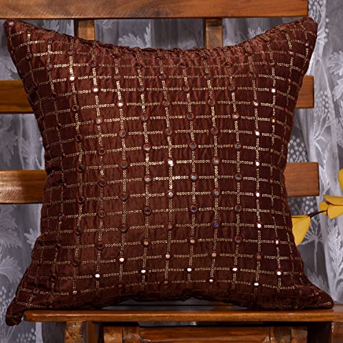 Image of Brown Cushion Covers with Embroidery Work, Embroidered Cushion Cases 18x18 Set of 2, Silk Pillow Covers for Sofa and Couch, Fancy Kushan 18 inches