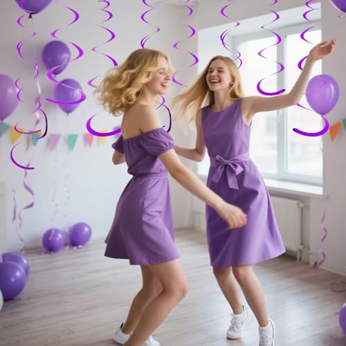 Image of Party Swirl Decorations Hot Pink Shinny Foil Hanging Swirl Decorations Plastic Streamer for Ceiling Plastic Streamer for Party Decorations Metallic Hanging Swirl Pack of 30 (Purple)