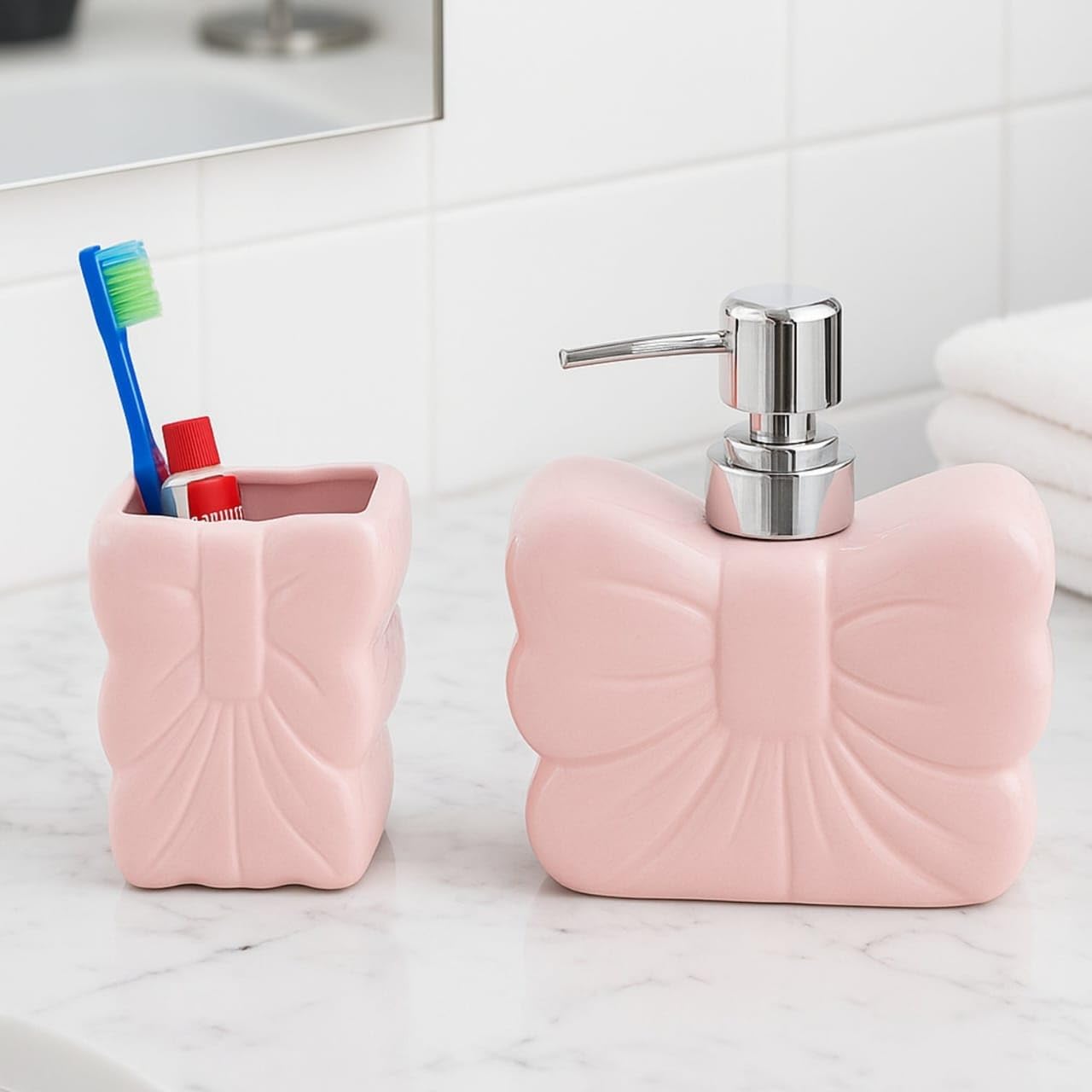 Bow Soap Dispenser with Toothbrush Holder – Handcrafted Bathroom Set | Look Mumma-image-48