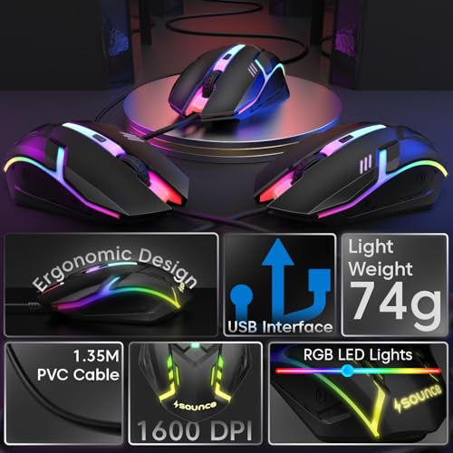Image of Sounce Nitro Wired Gaming USB Mouse 800 /1200 /1600 DPI Optical Sensor, 4-Level Adjustable DPI, RGB Lighting, Smooth Tracking, Ergonomic Grip, Plug & Play for Laptop & PC (Black)