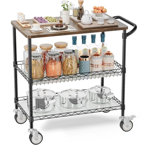 Image of Rolling Kitchen Carts with Wheels, 3-Tier Utility Cart with Wood Tabletop