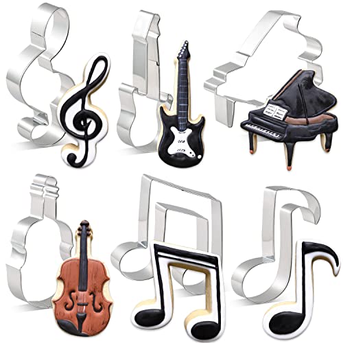 KENIAO Music Cookie Cutter Set – 6 Piezas – Violín, Piano, Guitarra Eléctrica, Nota Musical, GClef Y Octava Nota Galleta Fondnat Cortadores – Acero Inoxidable