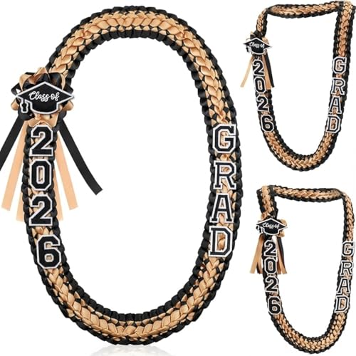 Hotop 1 Pcs 2026 Graduation Leis Class of 2026 Grad Ribbon Money Lei Handmade Double Braided Necklace for Graduation Gifts Supplies (Black Gold)